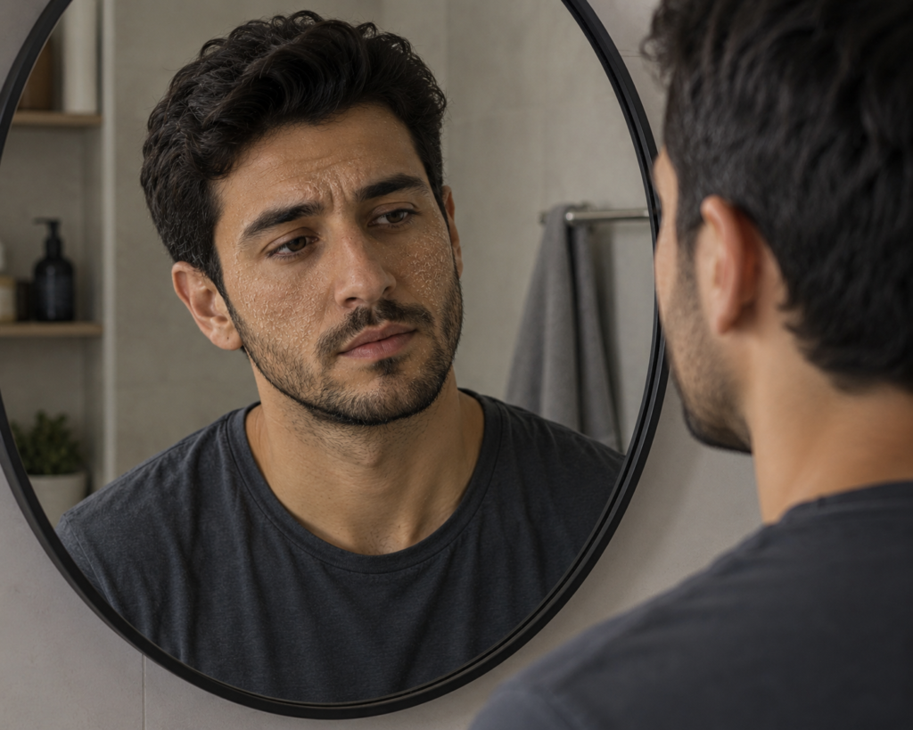 رجل يقف أمام المرآة ويلاحظ جفاف وتقشر بشرة وجهه مع ظهور انعكاسه بوضوح داخل مرآة الحمام.