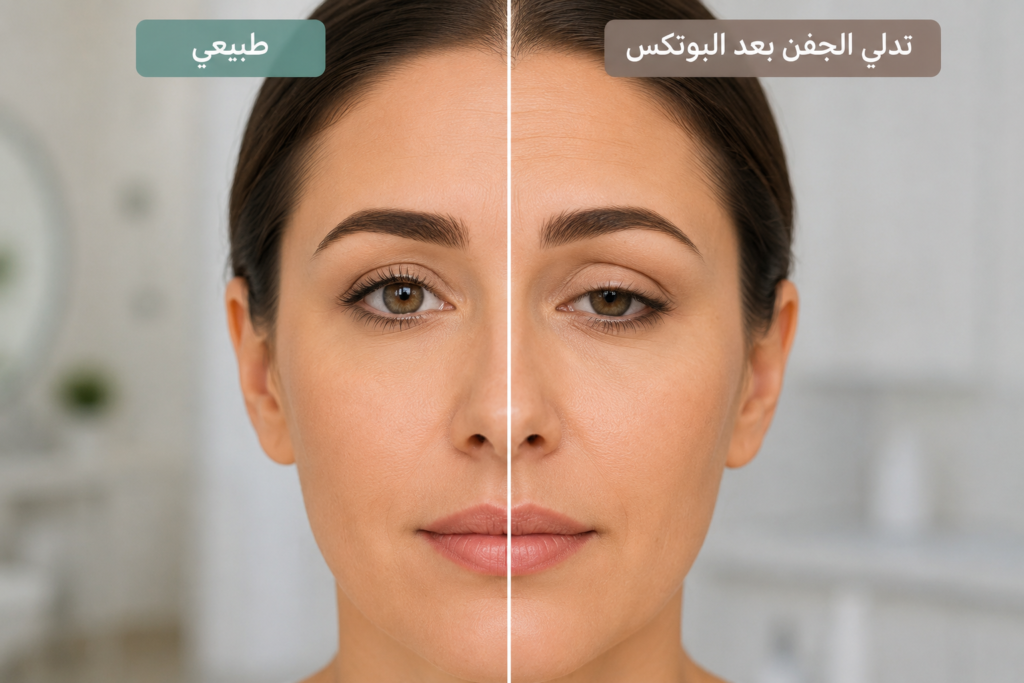 مقارنة بين عين طبيعية وأخرى يظهر فيها تدلي خفيف للجفن بعد حقن البوتكس.