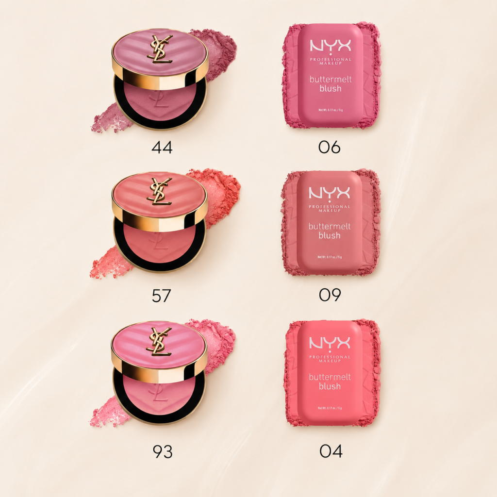 صورة تقارن بين درجات بلاشر YSL Make Me Blush ودرجات NYX Butter Melt Blush لإظهار الألوان المتقاربة بين المنتجين.
