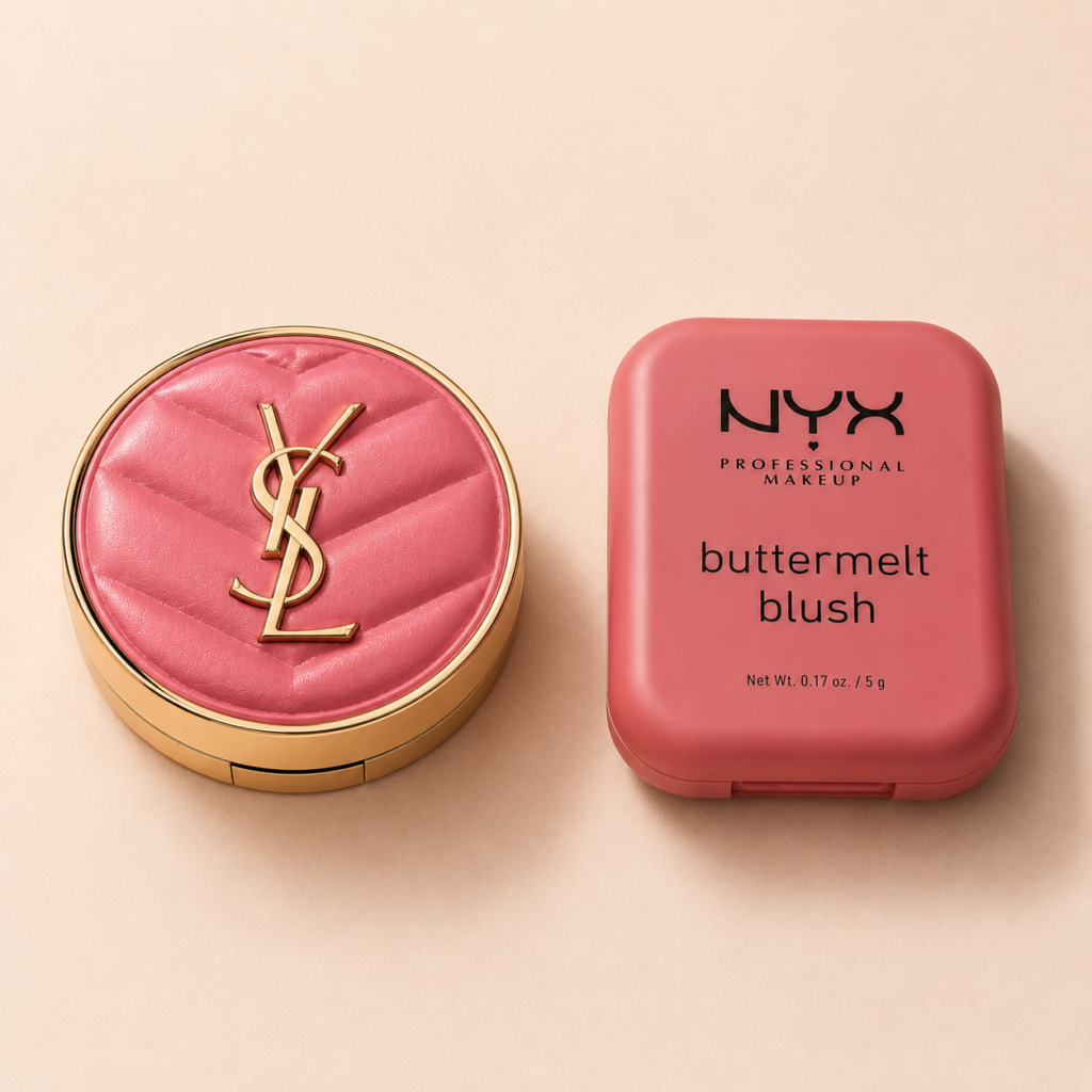 مقارنة بين عبوة بلاشر YSL Make Me Blush وعبوة NYX Butter Melt Blush لإظهار فرق التصميم بين المنتجين.